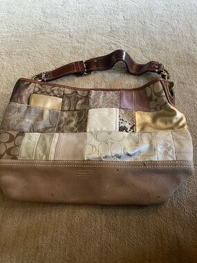 Coach Patchwork Shoulder Bag in Neutral Brown and Gold Tones